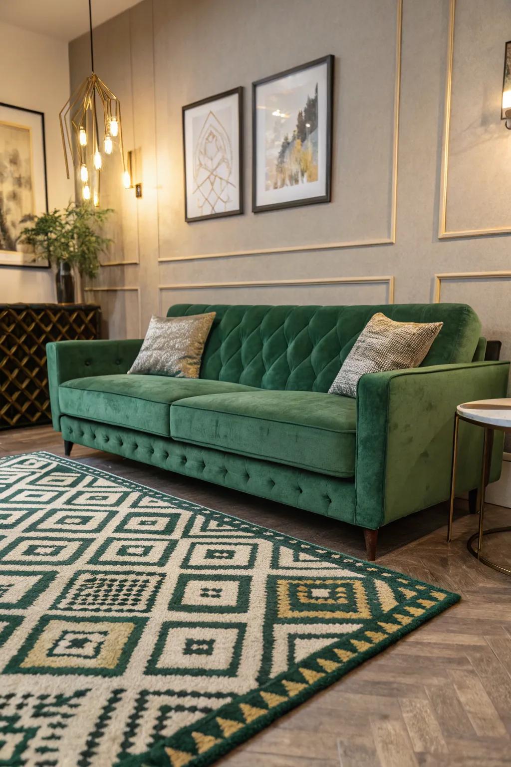 A modern living space featuring a green velvet sofa and geometric patterns.