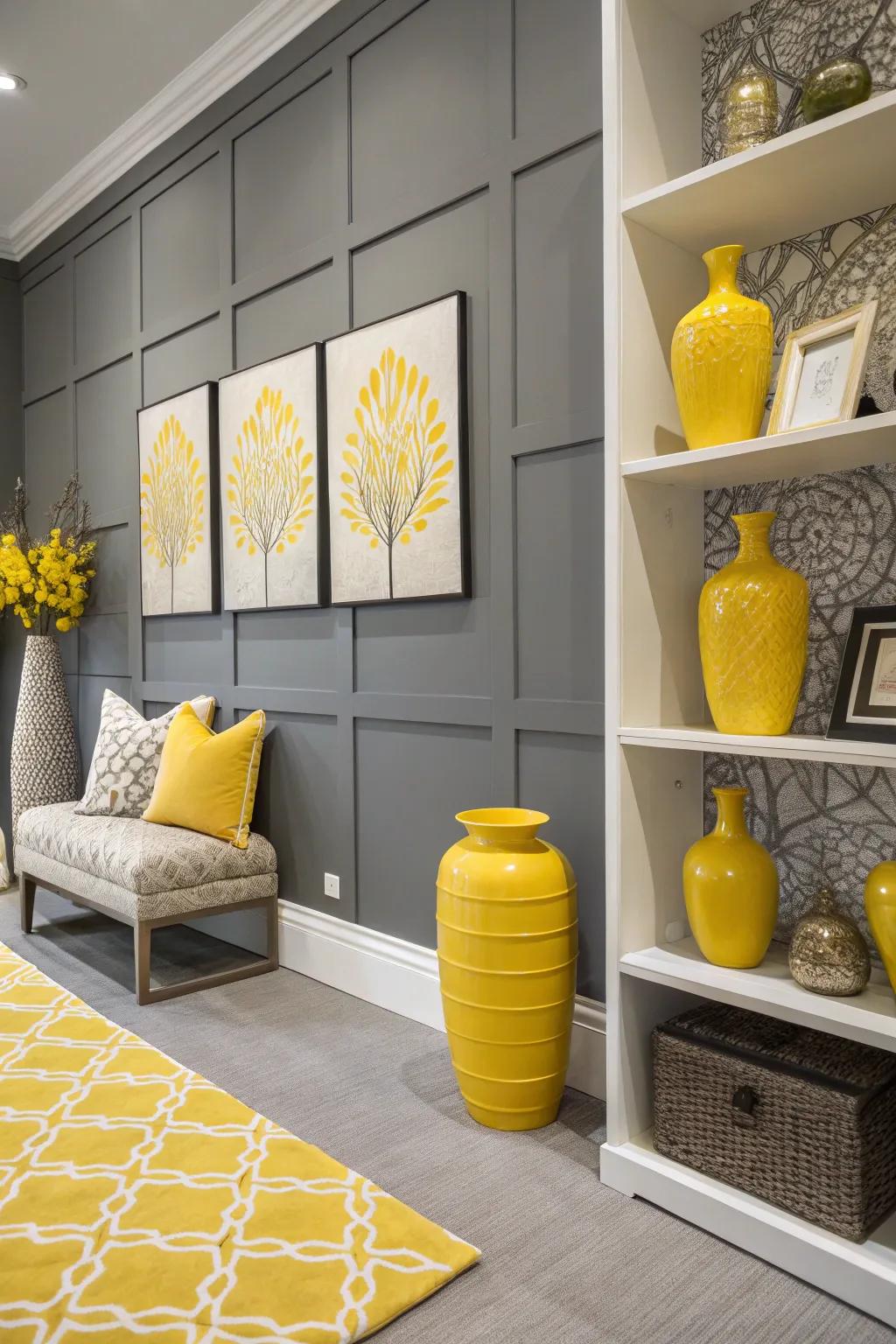Splashes of yellow against a grey accent wall.