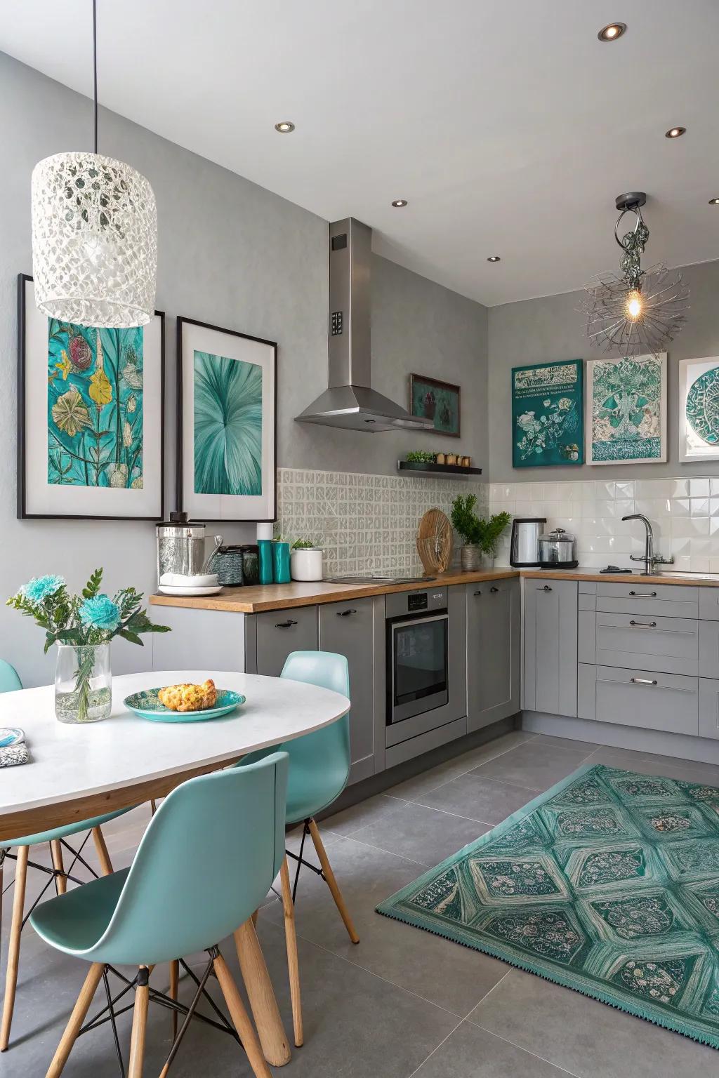 Aqua artwork adds a splash of creativity to grey walls.