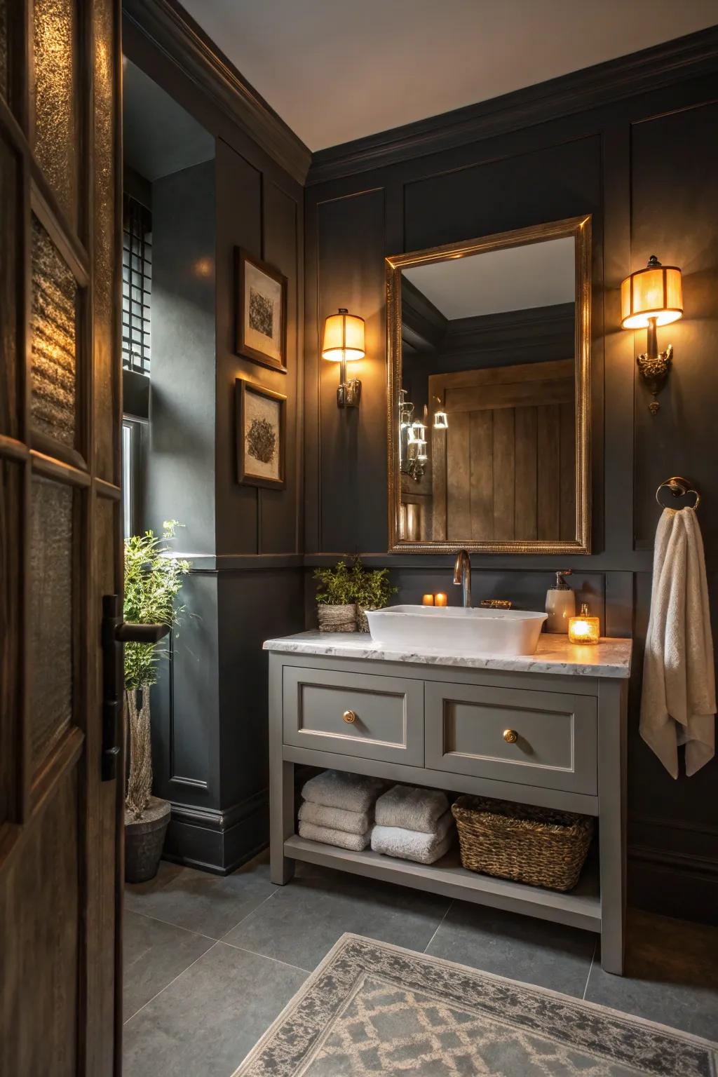 Charcoal grey walls create a striking statement in this chic bathroom.