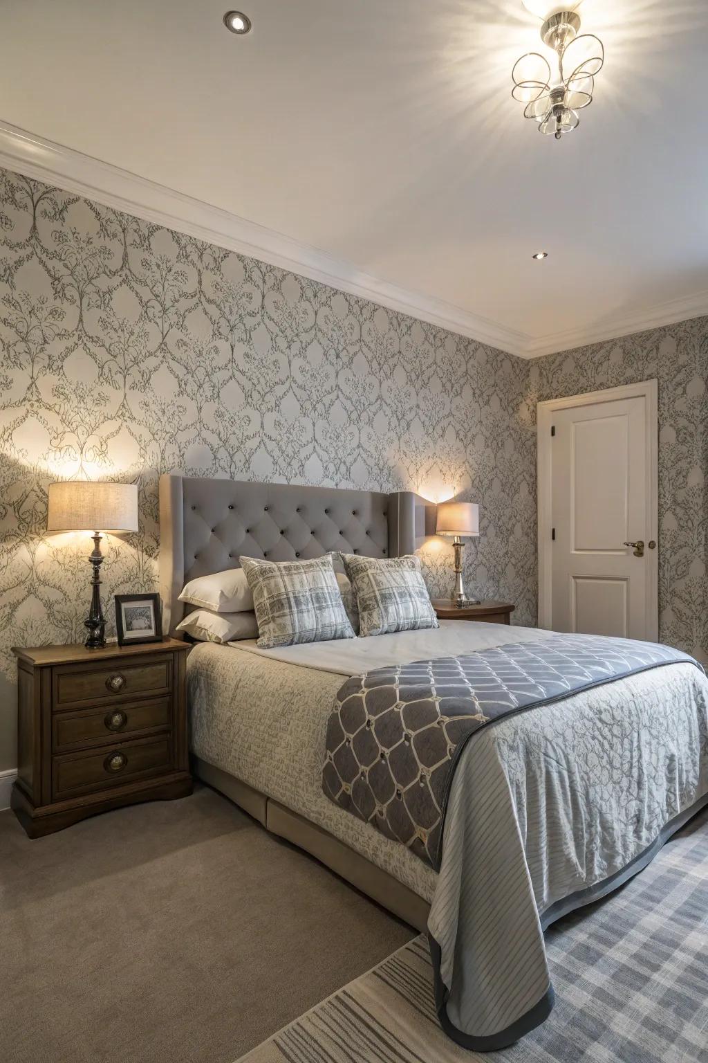 Designs inject intrigue into a grey bedroom.