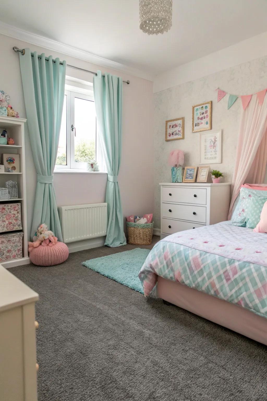 Pastel hues complement the grey carpet, creating a serene and calming bedroom.