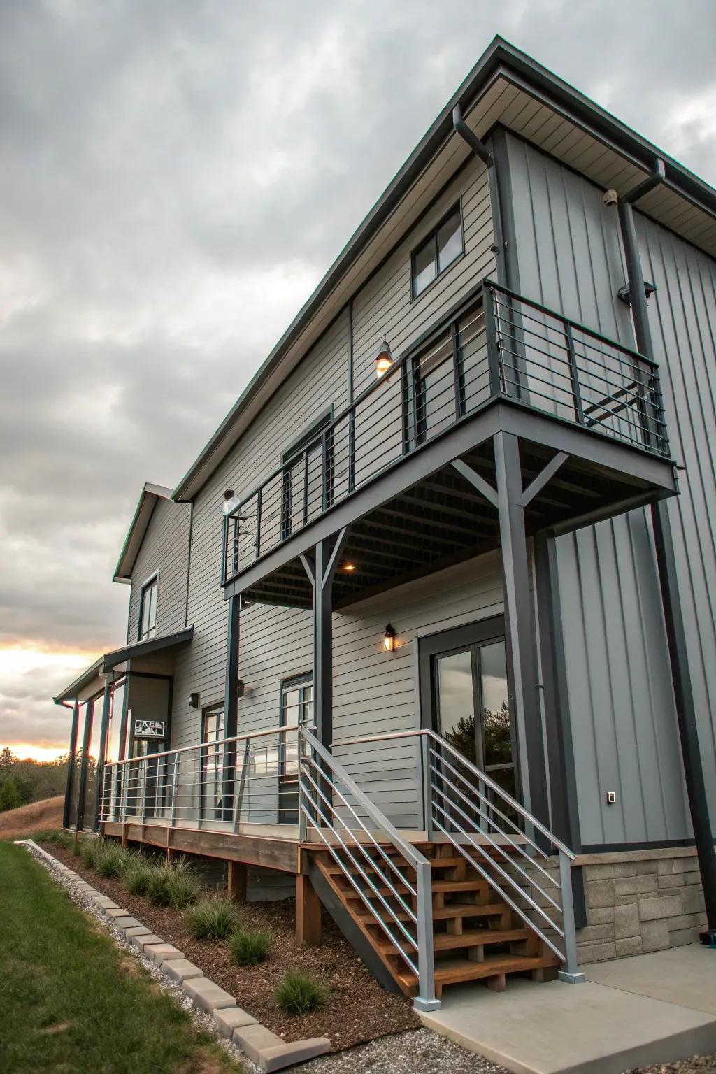 Grey and metallic elements fashion an industrial and modern aesthetic.