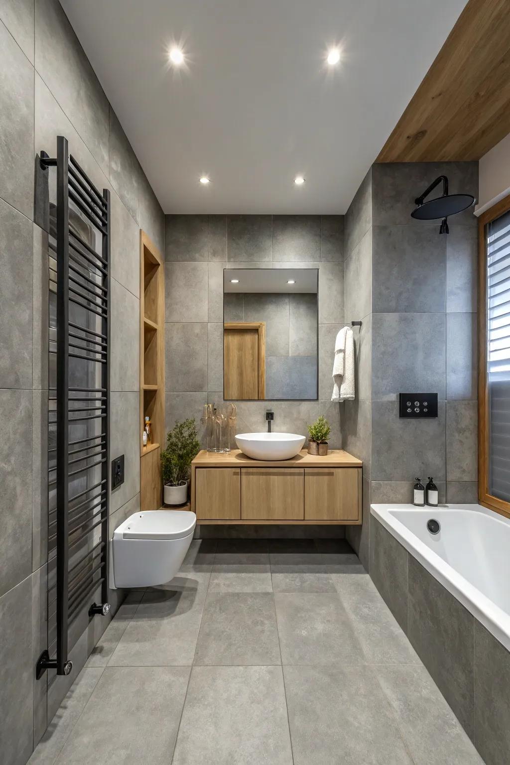 Moving grey plates from wall to floor creates a smooth and elegant bathroom design.
