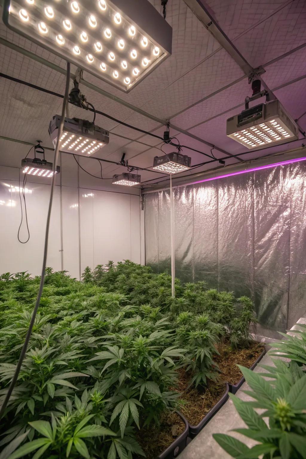 Reflective walls aid in evenly distributing light throughout your grow area.