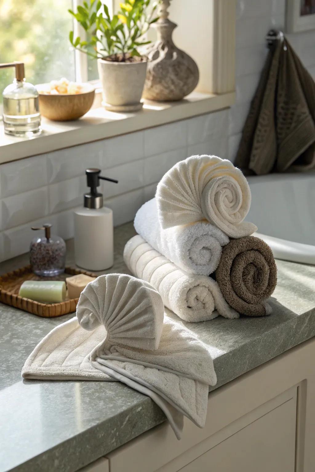Creatively folded towels introduce a decorative touch.