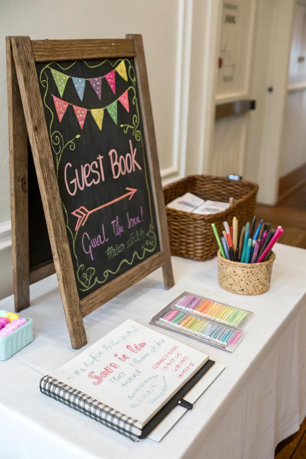 Slate art adds a playful, interactive touch to the display.