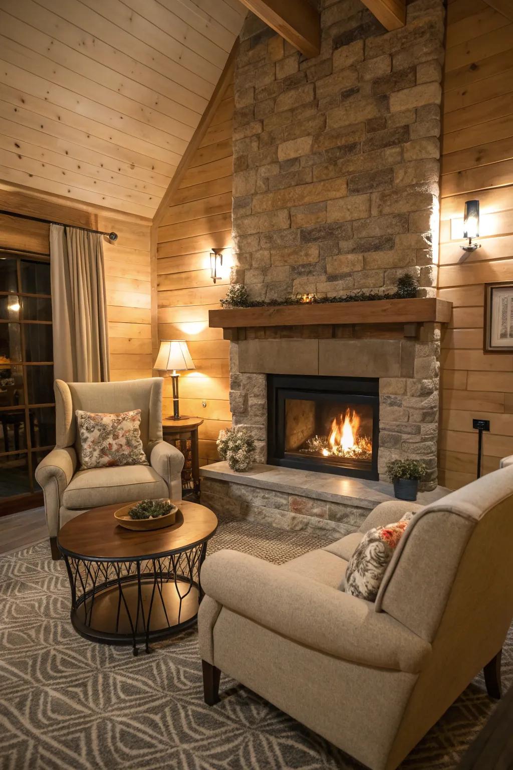 A guest house featuring a welcoming hearth, perfect for cozy nights.