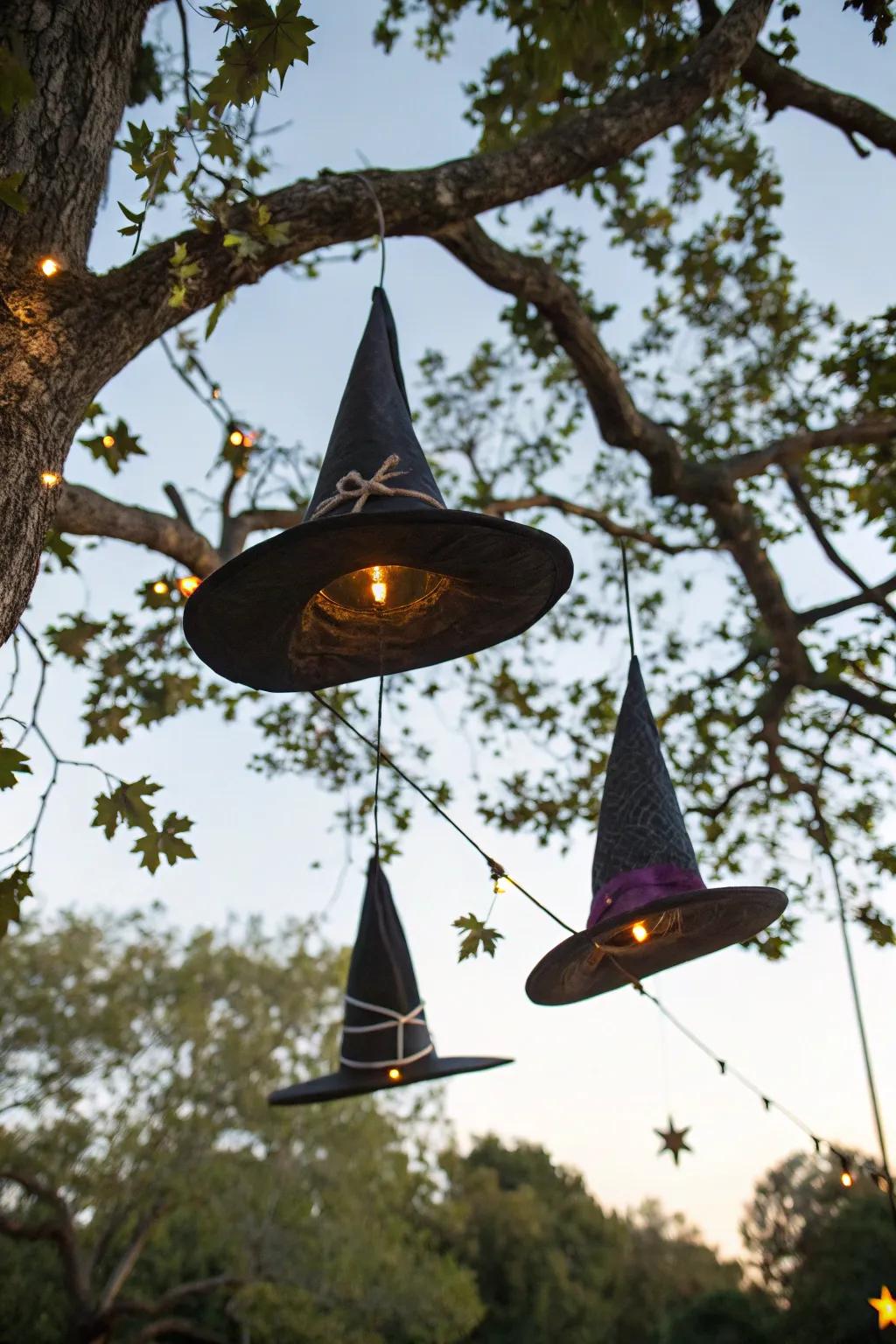 Hovering witch headwear concoct a whimsical and enchanting alfresco showcase.