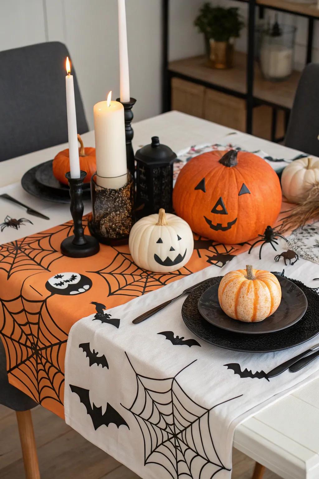 Arrange the table using spooky themed ornamentation.