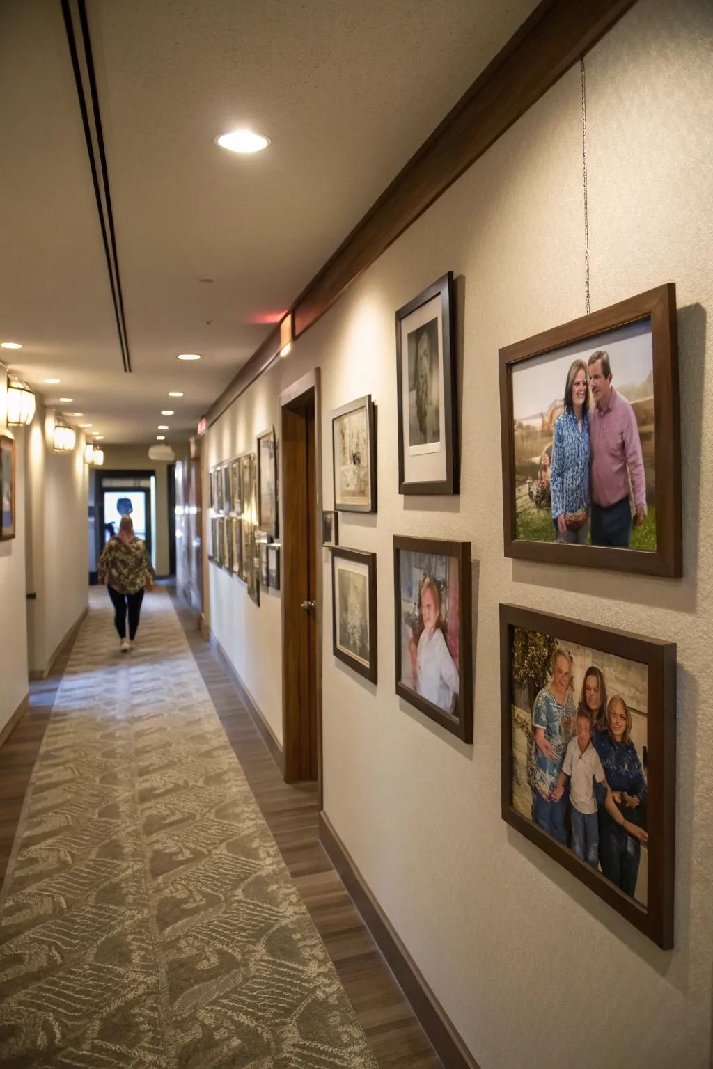 Creative family photo displays add a personal touch to corridors.