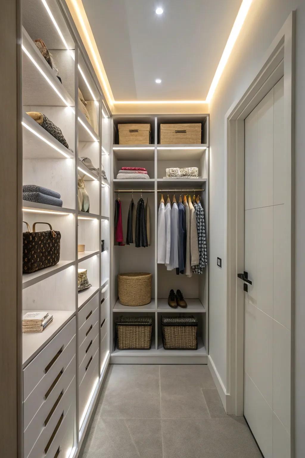 LED lighting in a hallway closet for improved visibility and convenience.
