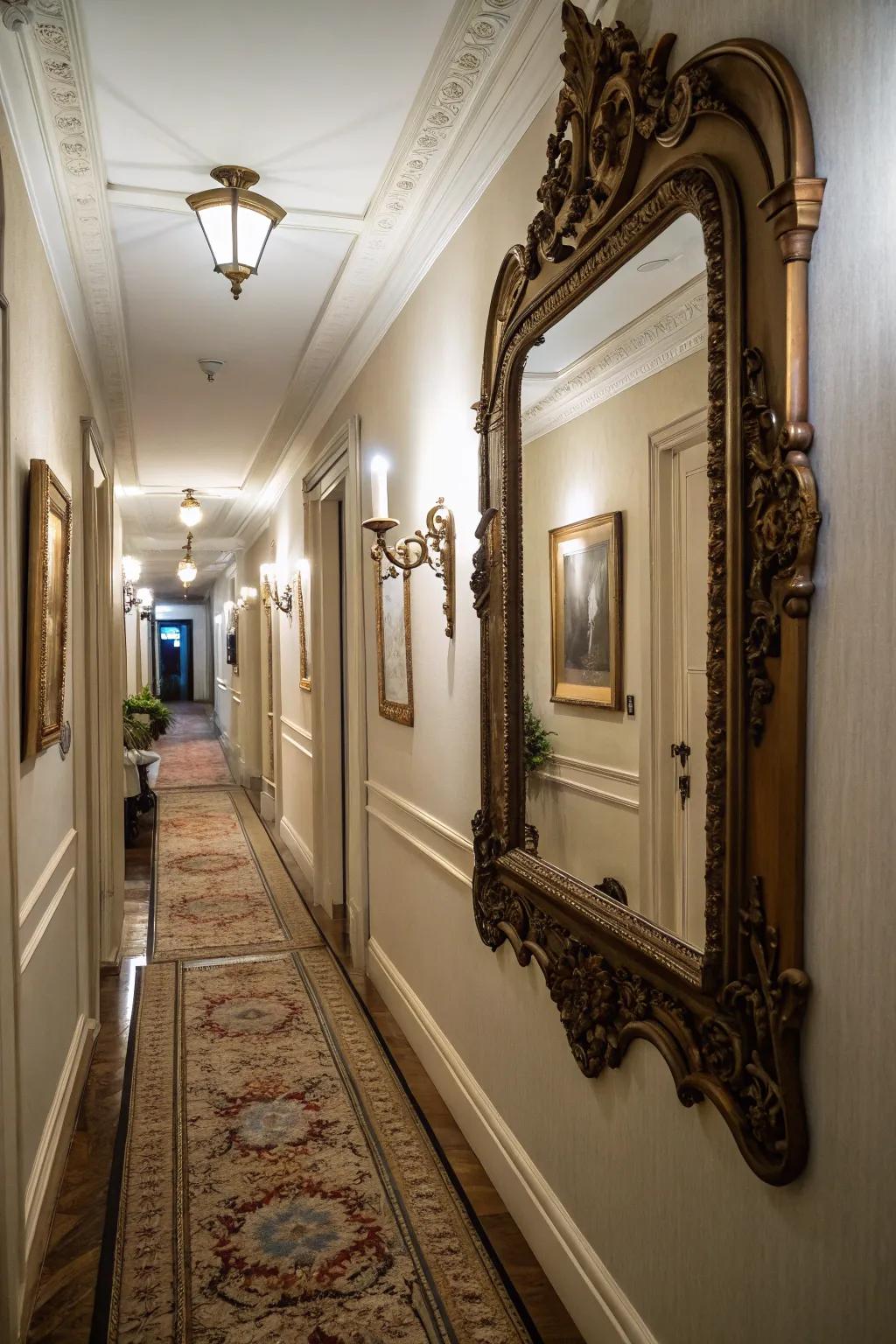 Vintage mirrors imbue hallways with charm and personality.