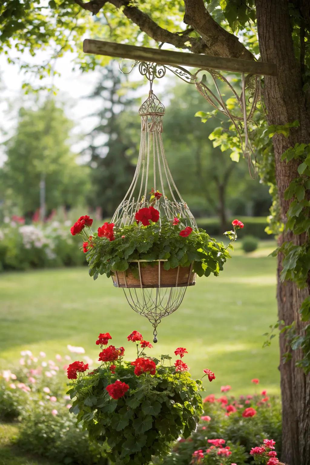 A chandelier of geraniums introduces spectacle to any area.