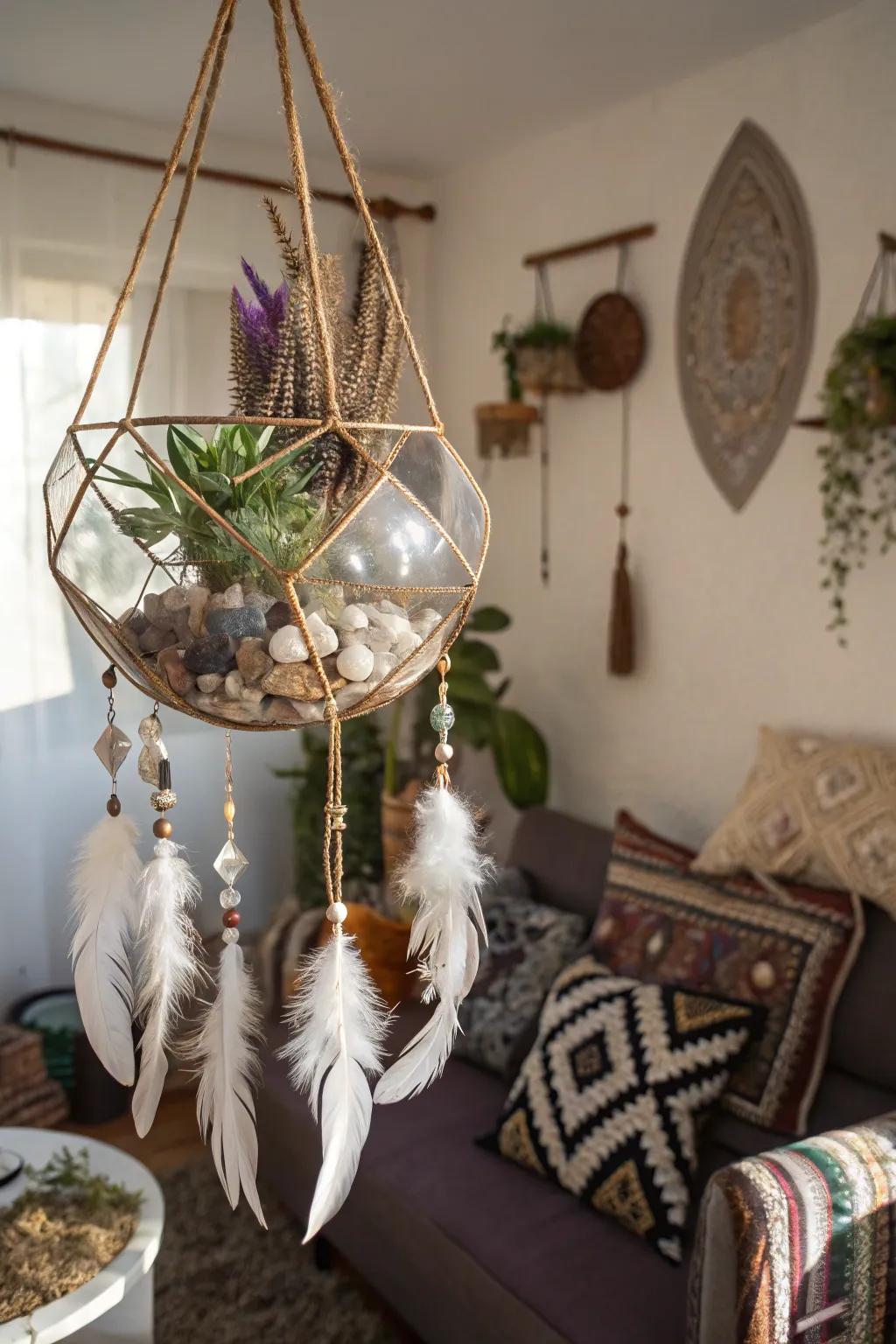 A bohemian harmony terrarium showcasing feathers and crystals for unparalleled personality.