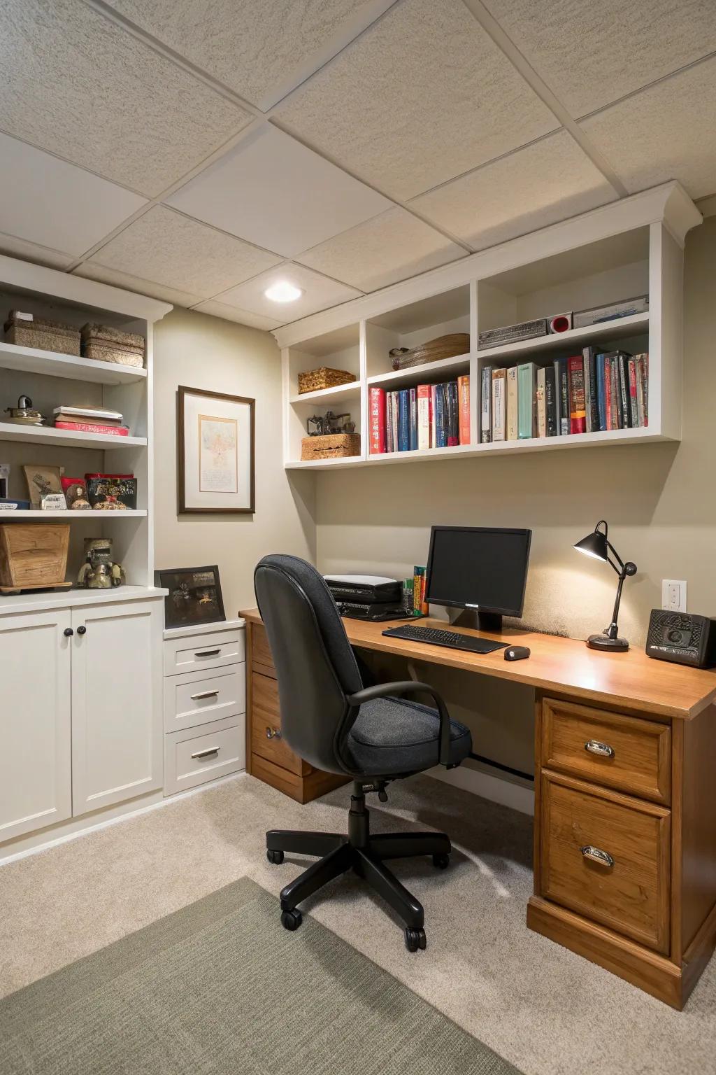 Design a basement office that blends productivity with comfort.