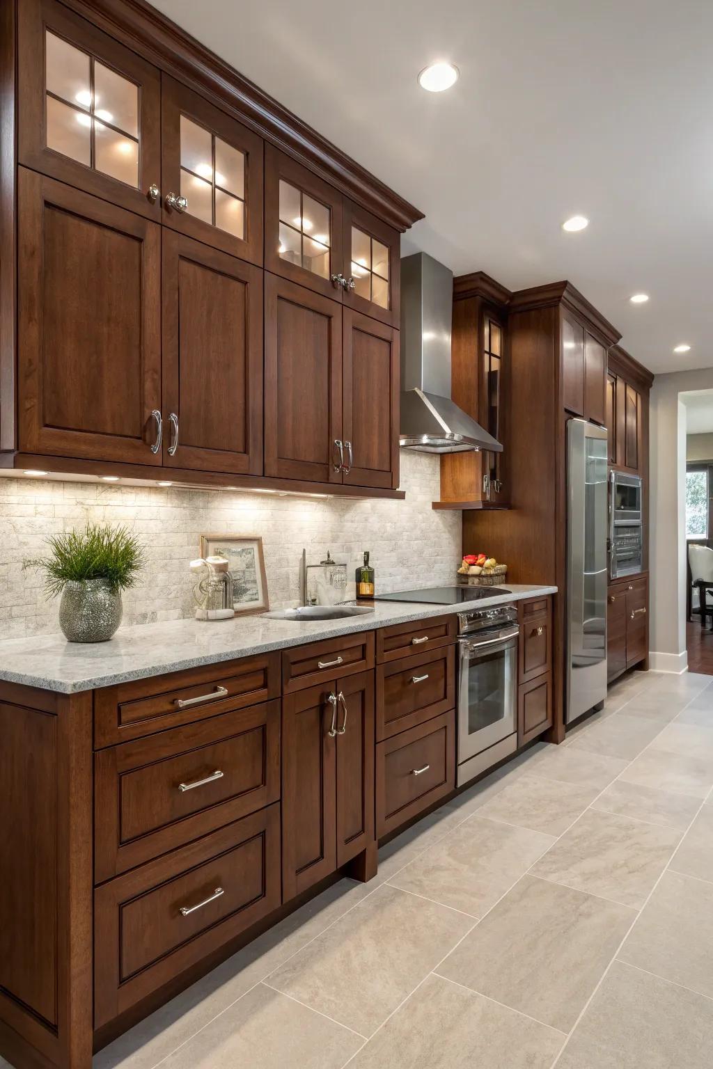 Pewter hardware incorporates delicate elegance to cherry cabinets.