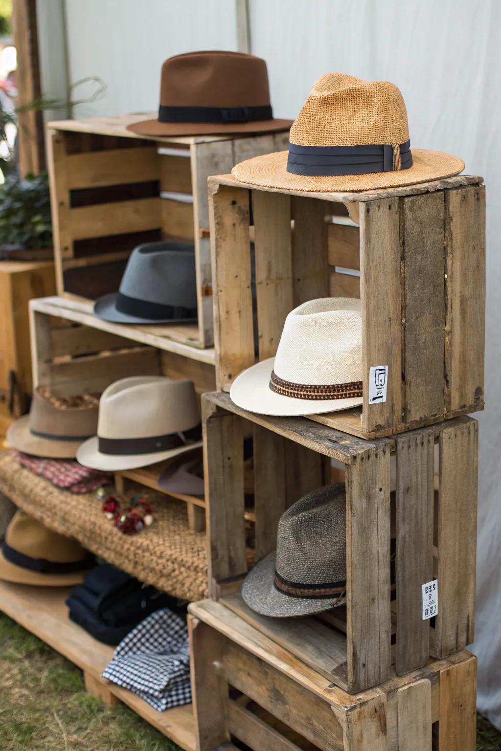 Countryside crates inject agrarian charm into your hat exhibit.