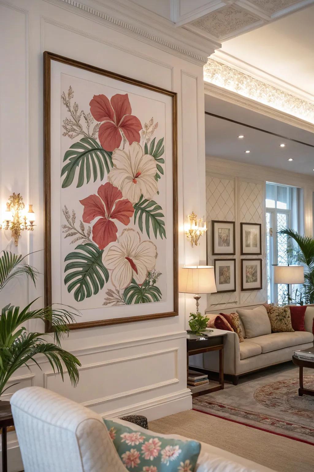 A poster with hibiscus patterns that adds beauty to a living room.