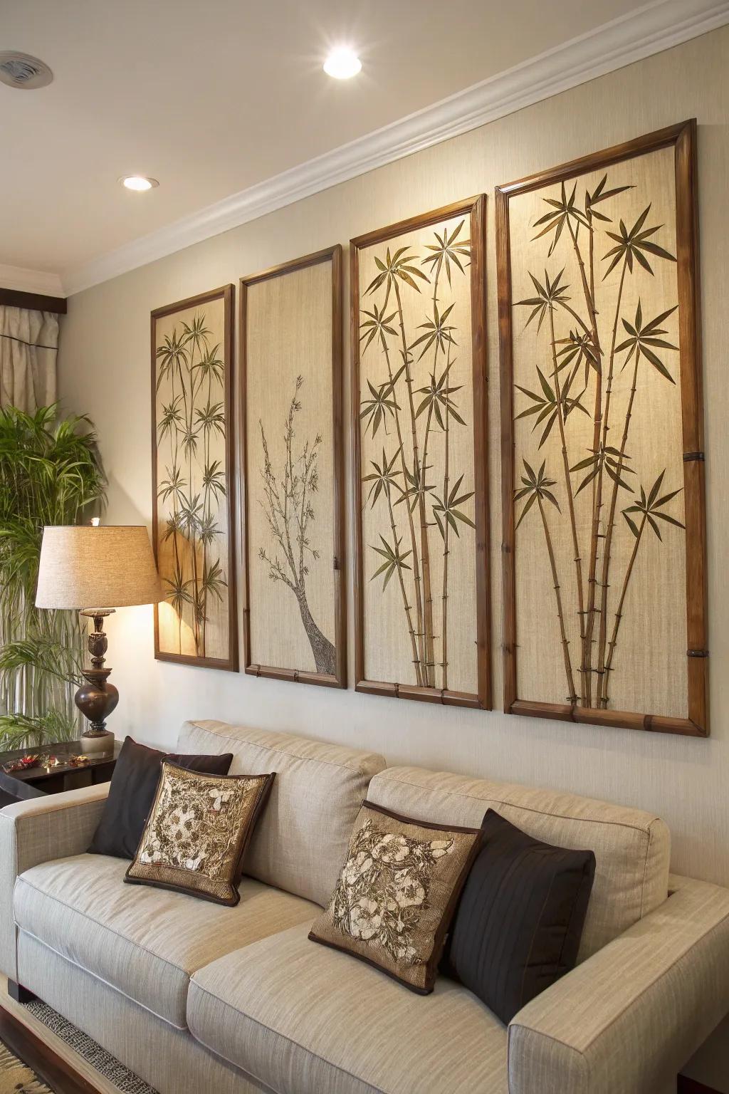 Bamboo wall decor brings texture and cultural flair.