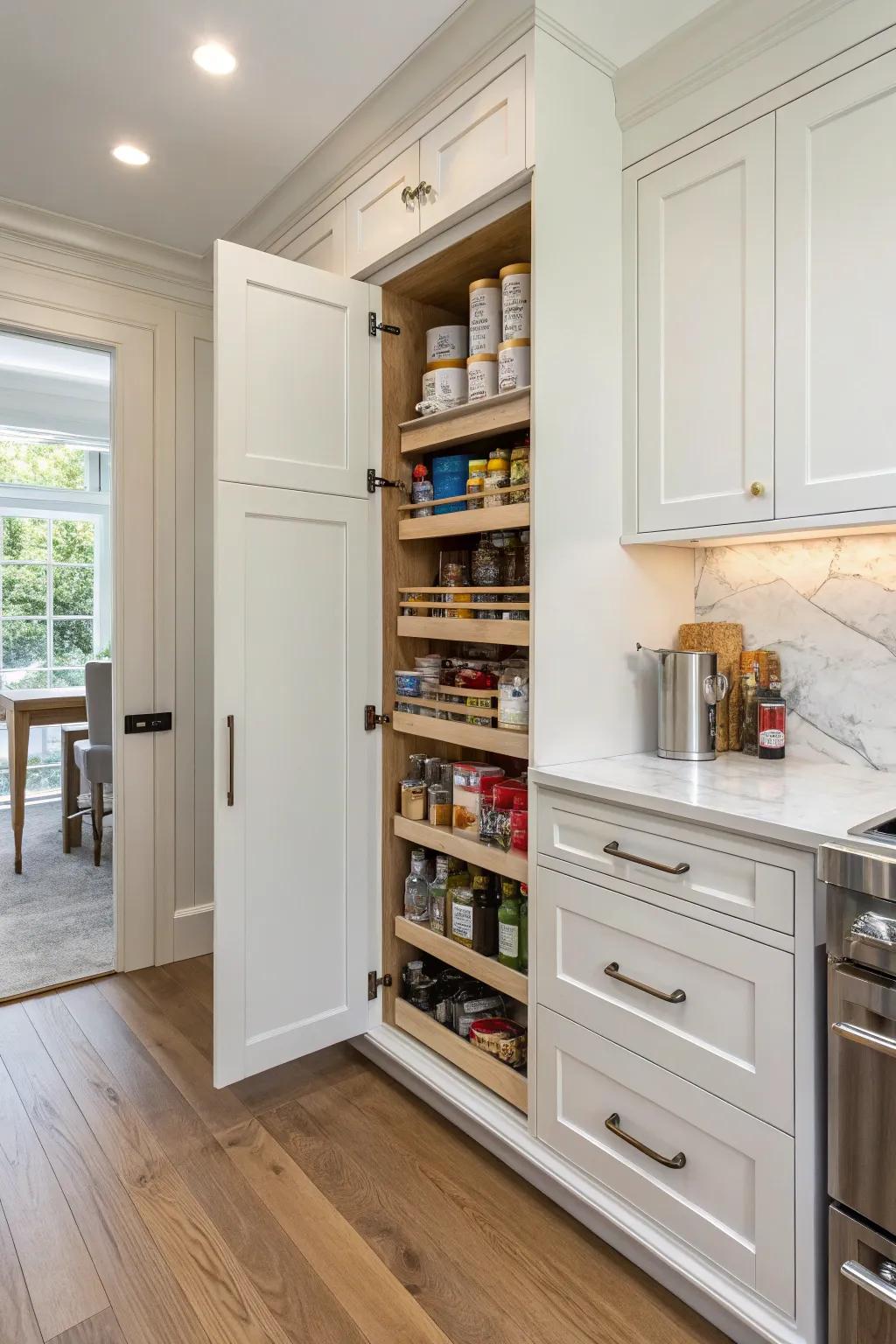 A hidden pantry offers seamless and unexpected storage solutions.