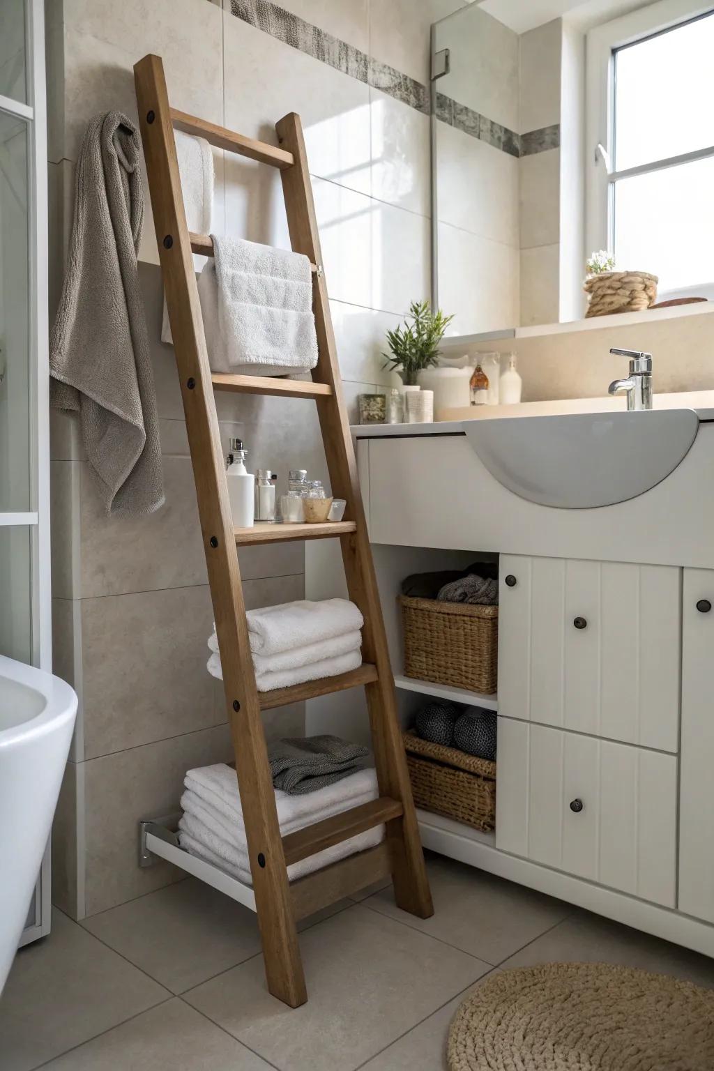 A ladder shelf concealing a medicine cabinet in a modern bathroom.