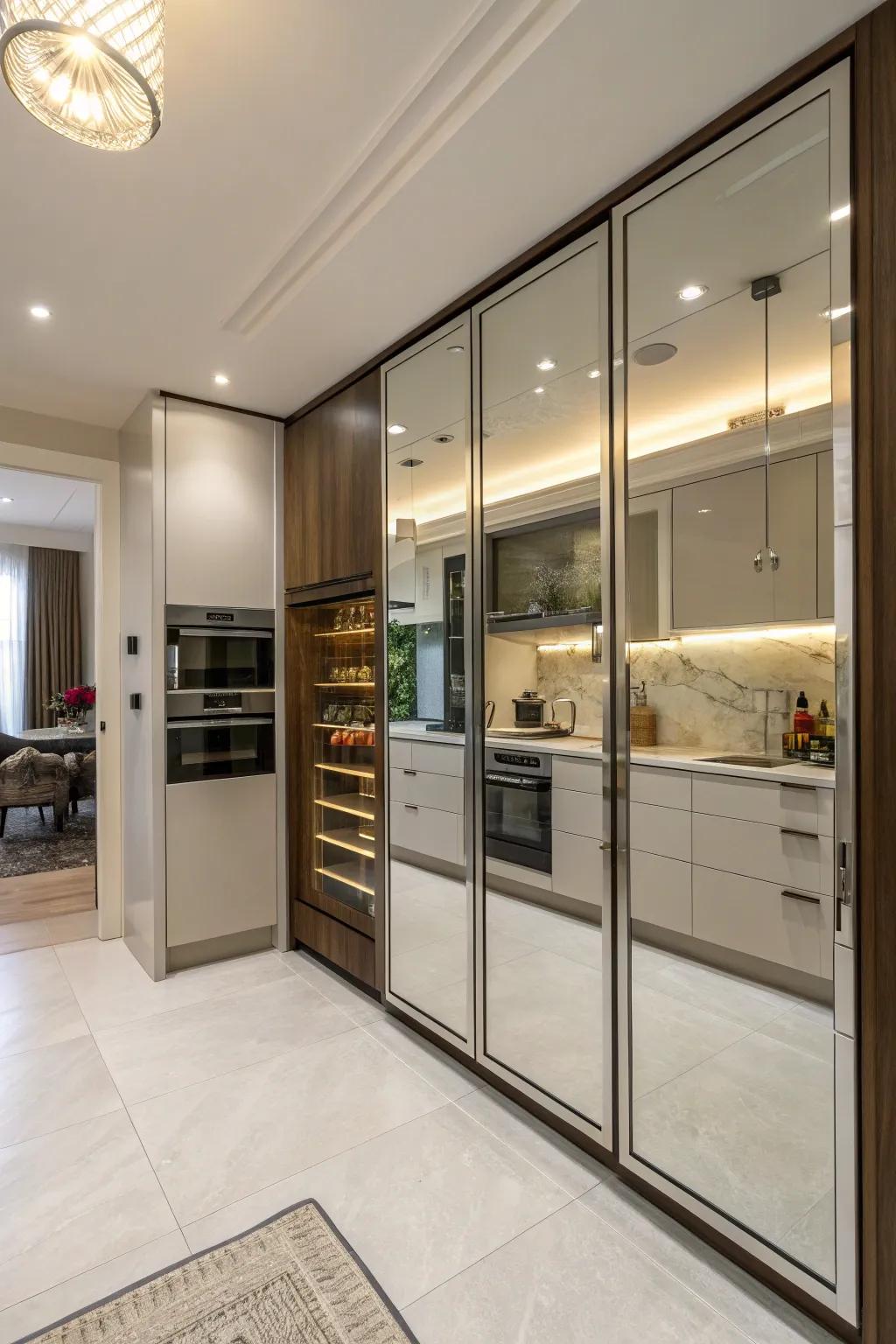 Reflective doors reflecting the kitchen while hiding a pantry.
