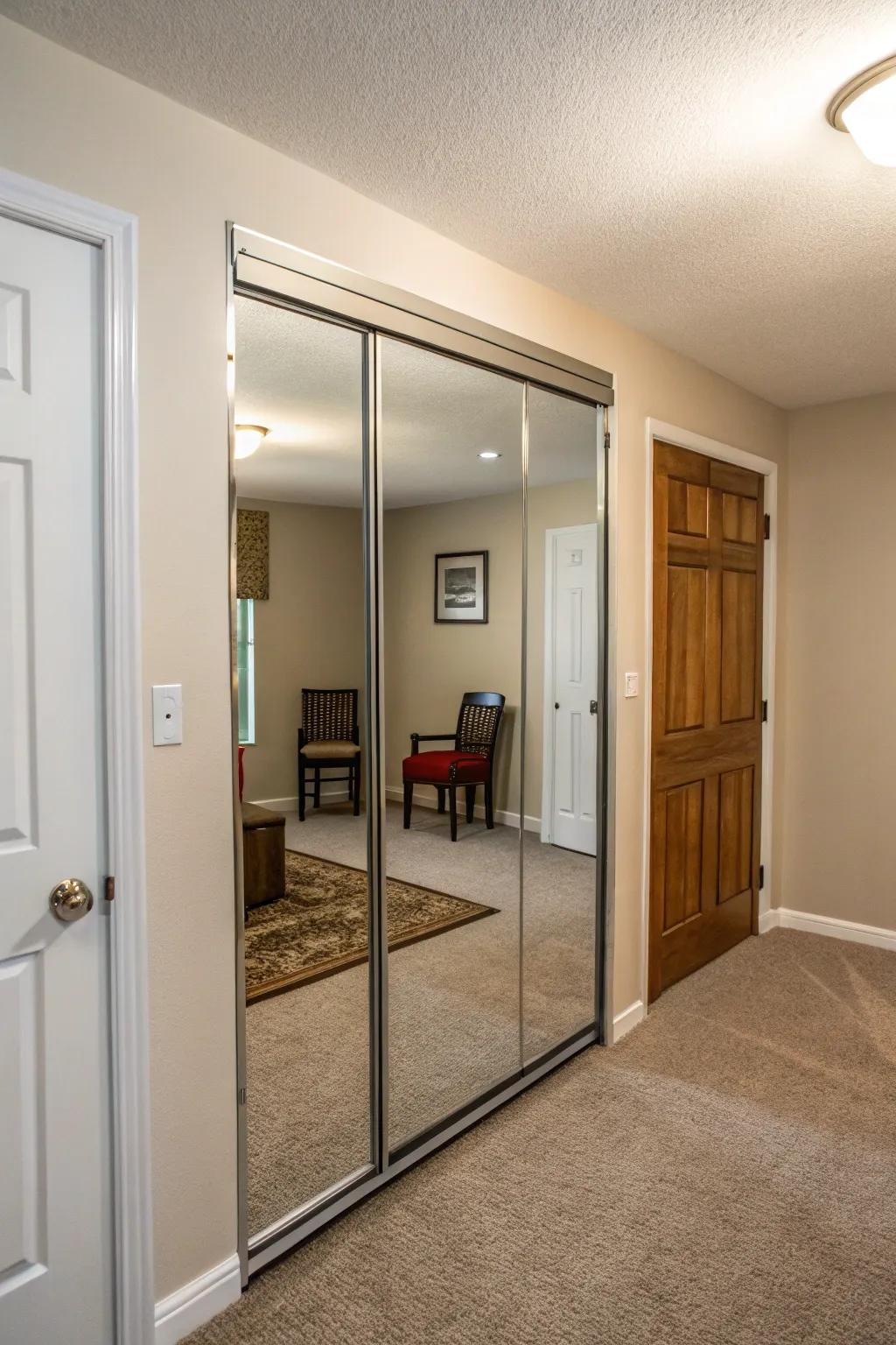 Reflective sliding doors create the illusion of more space and light.