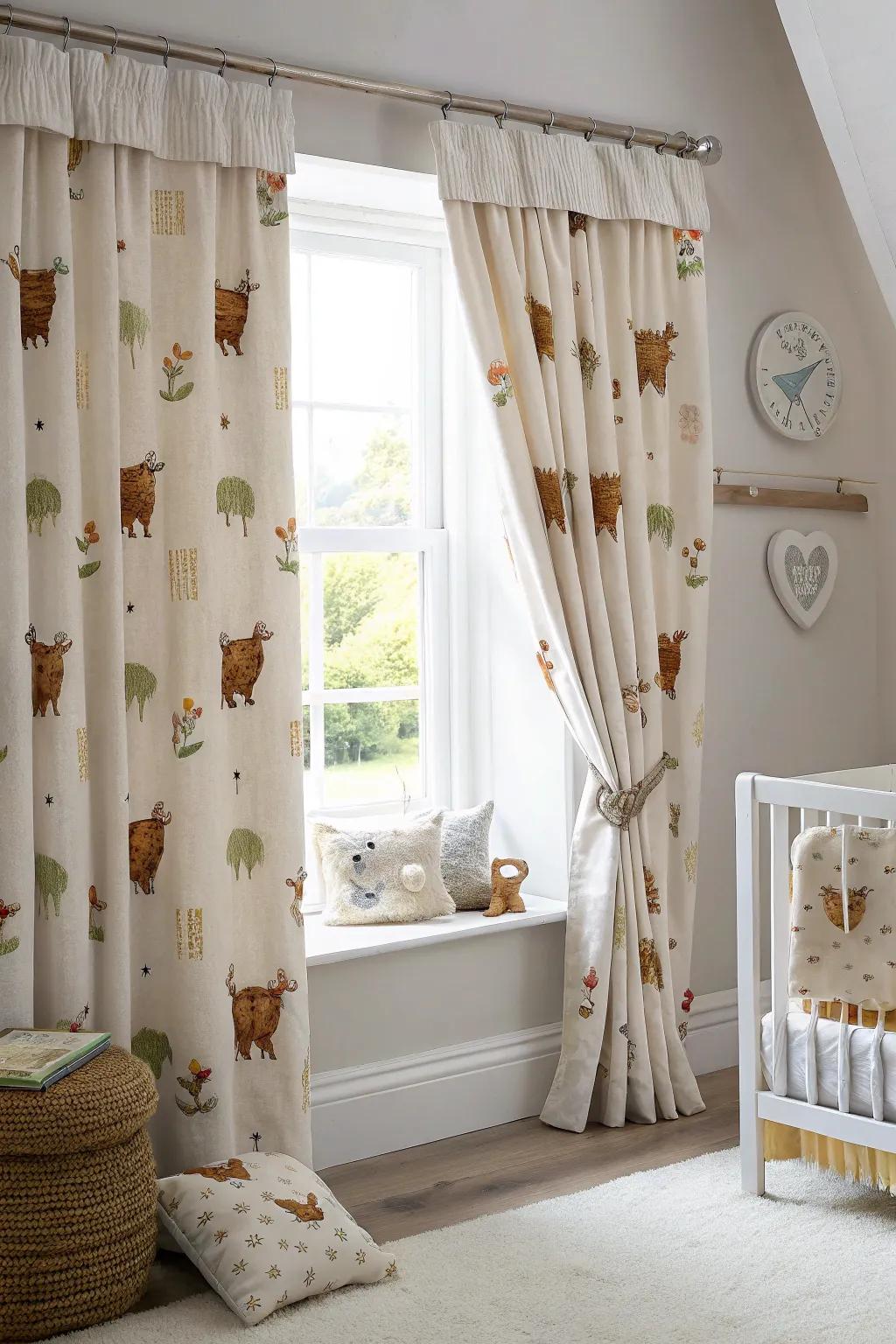 Window hangings with longhorn cattle patterns inject elegance and functionality.