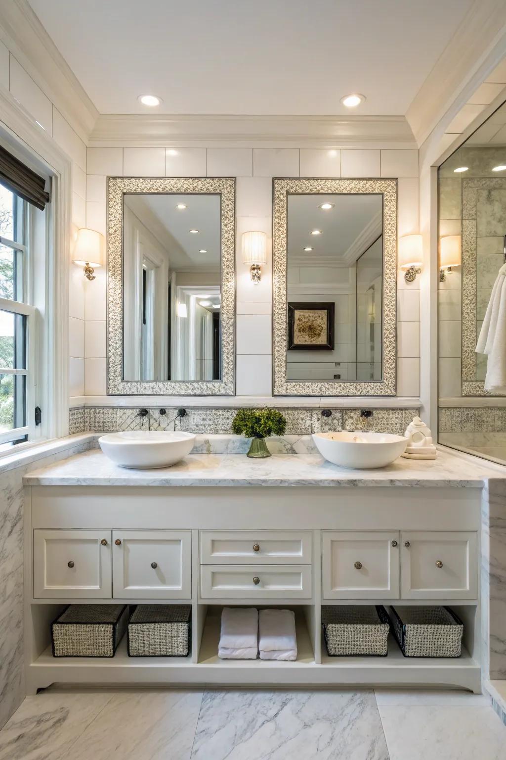 A personalized bathroom with custom alcoves for him and her.