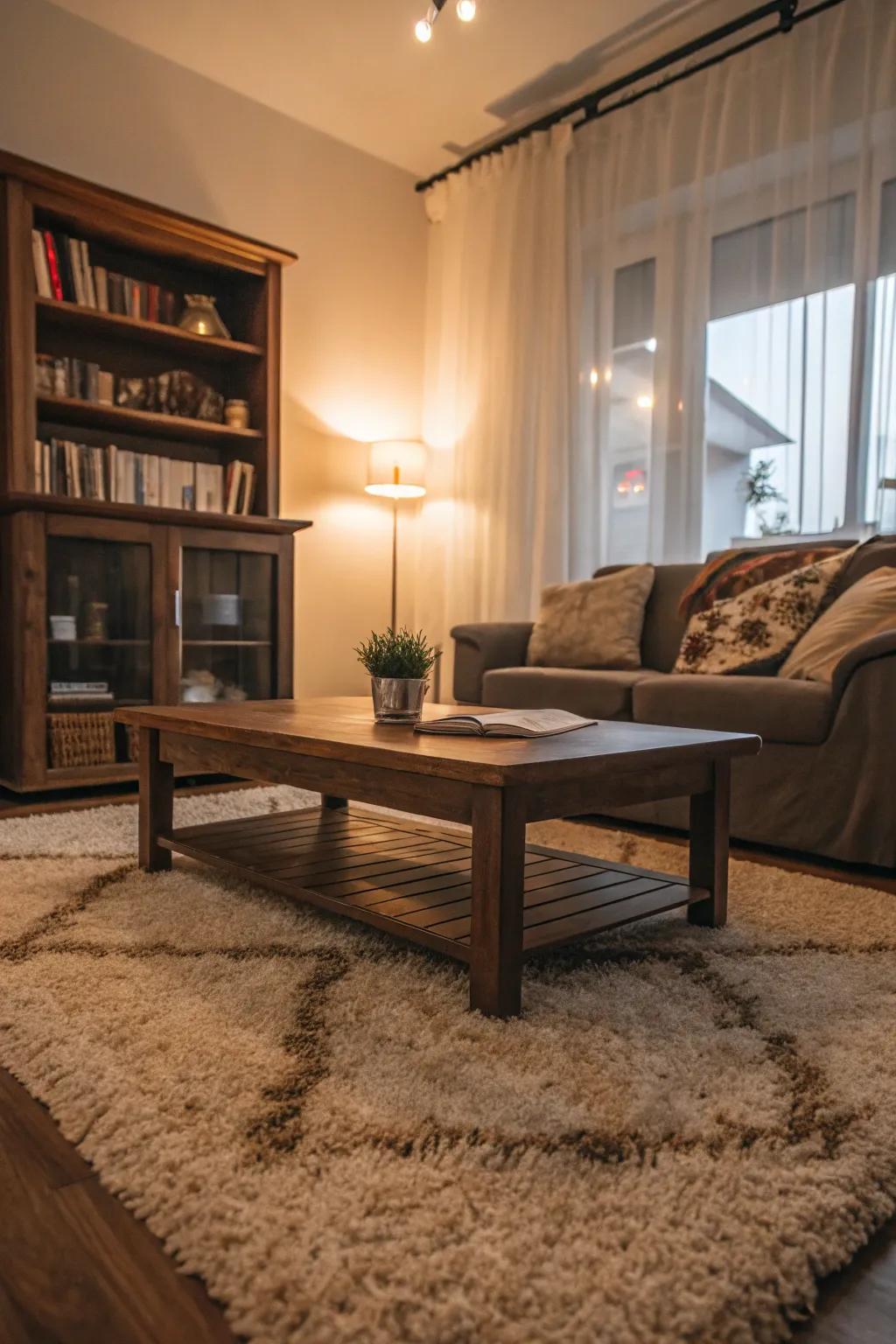 A plush textured rug that enhances the warmth and style of the living space.