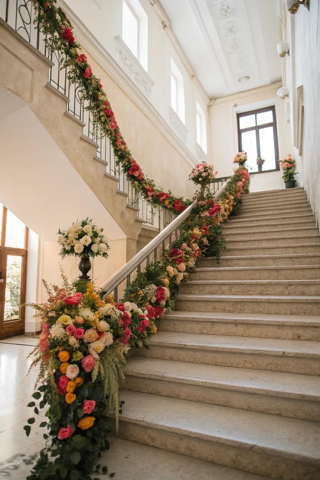 Floral strands turn staircases into festive focal points.