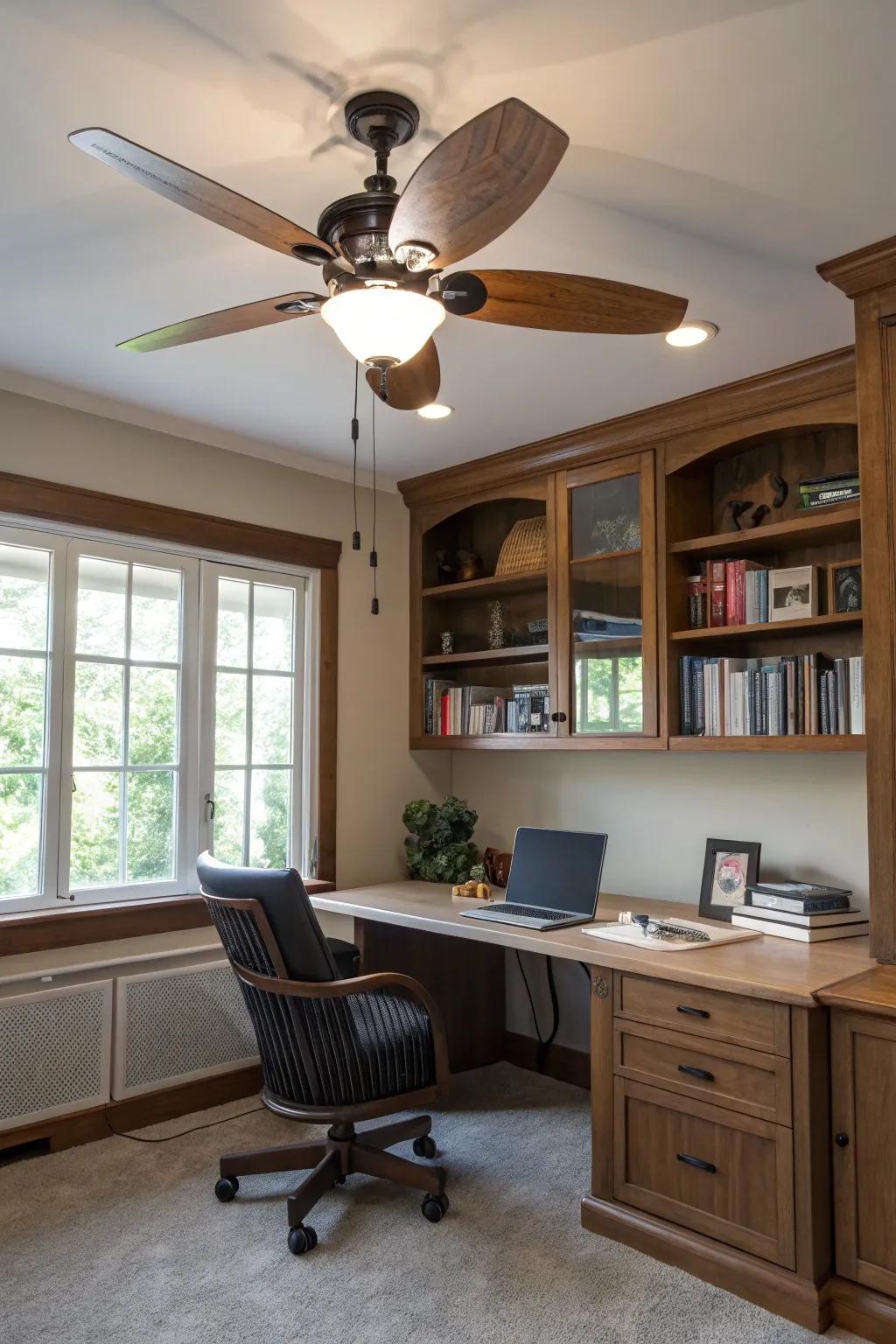 Ceiling fans with built-in lighting provide dual functionality.