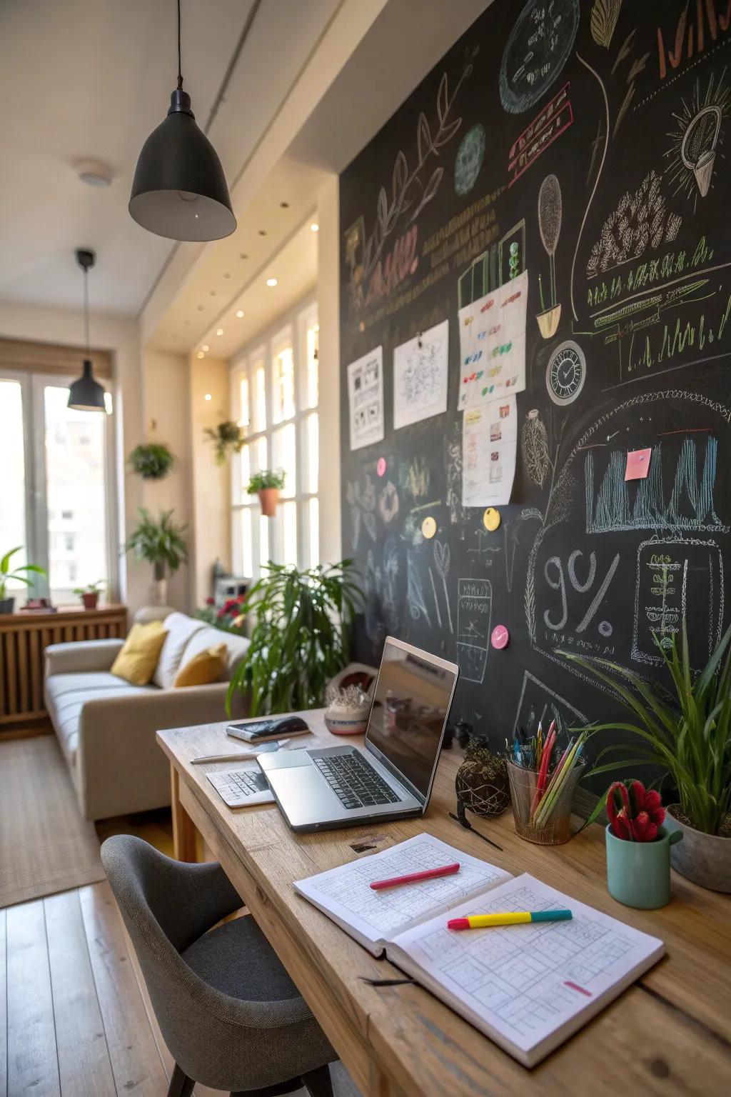 A chalkboard wall is a creative and practical feature.