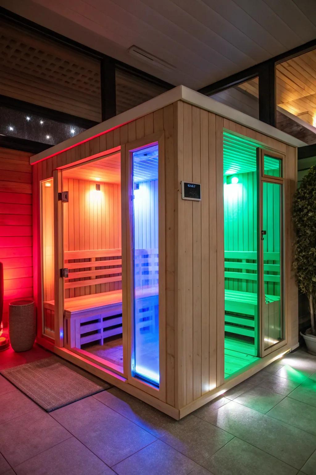 Hue-changing lights give this sauna experience a colorful twist.