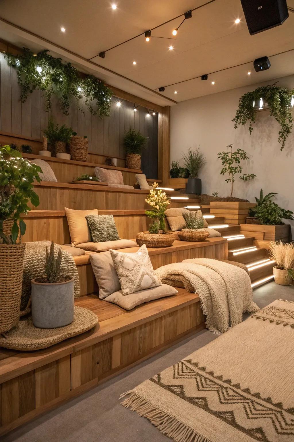 Natural wood platforms add warmth and elegance to your theater.