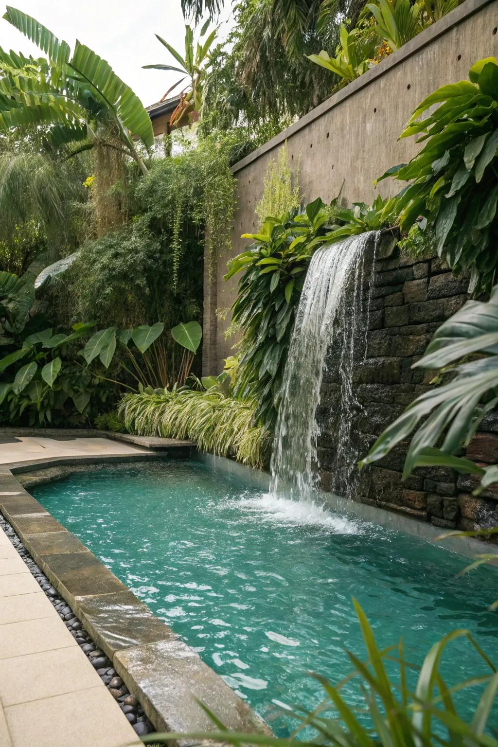 A pool featuring a waterfall element for a soothing ambiance.