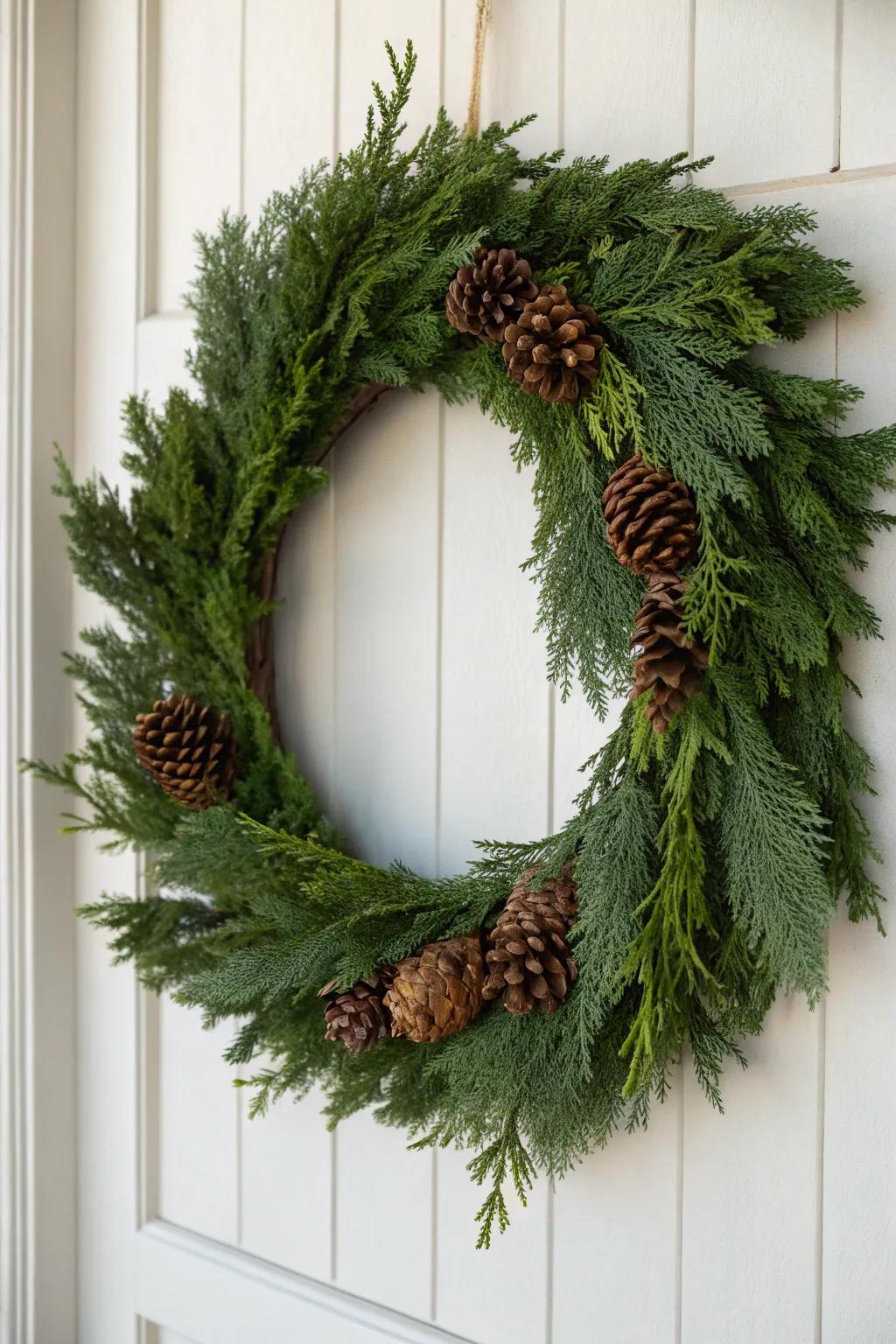 Embrace the timeless beauty of nature with this enchanting conifer and cone wreath, perfect for adding a touch of cozy elegance to your winter decor.