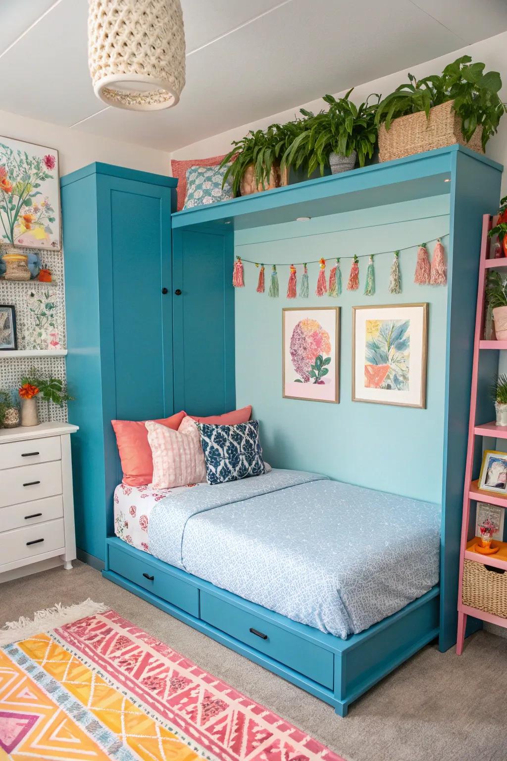 A vibrant room featuring a colorful wall bed, adding a lively touch to the space.