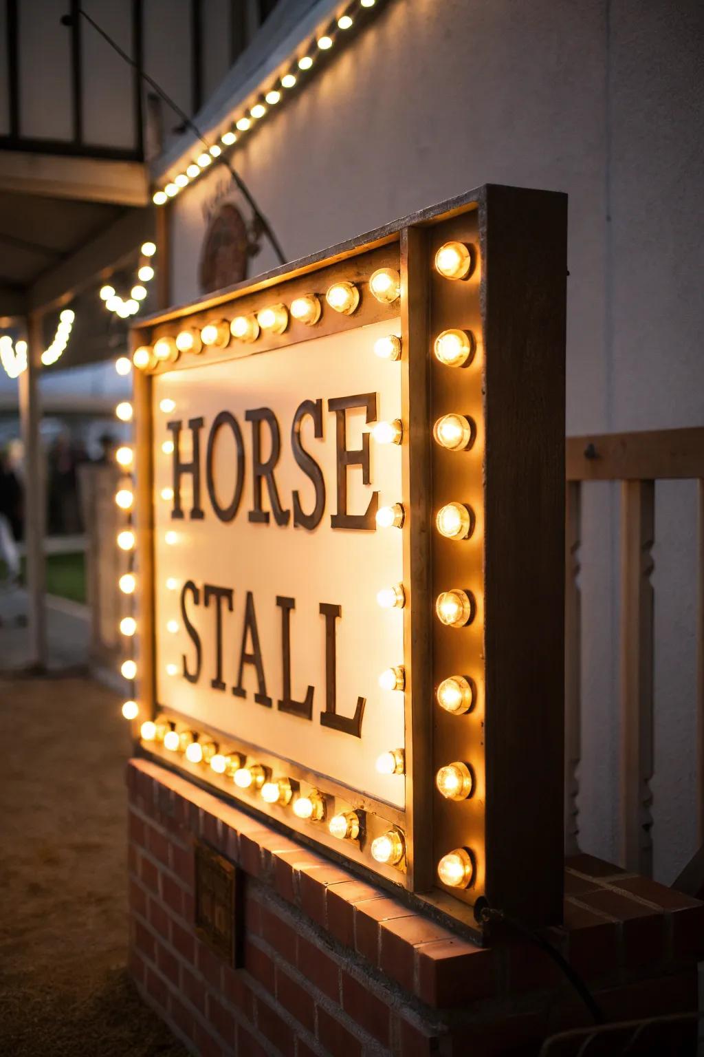 An illuminated stable marker for nighttime visibility.