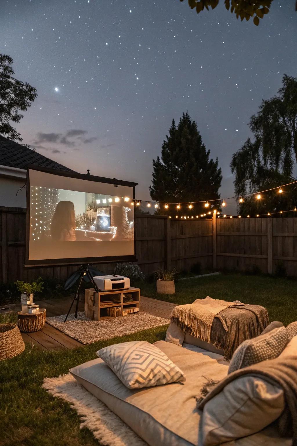 A cozy outdoor movie night for a unique housewarming experience
