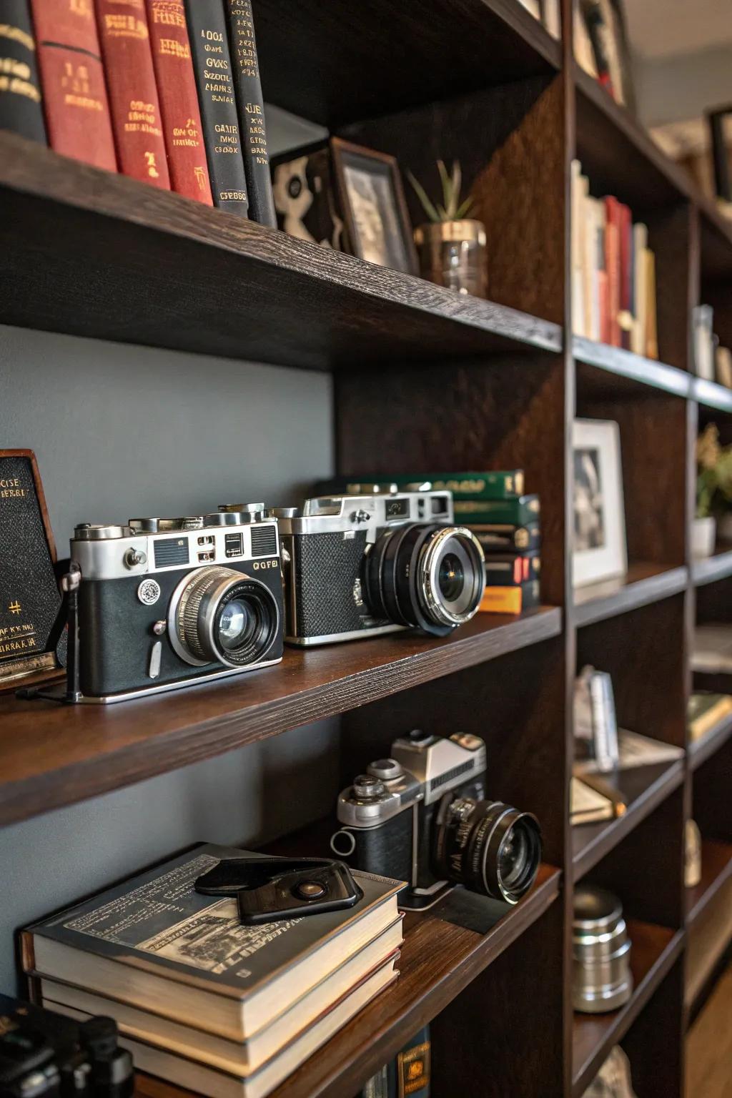Bookshelf exhibiting a compilation of vintage cameras.