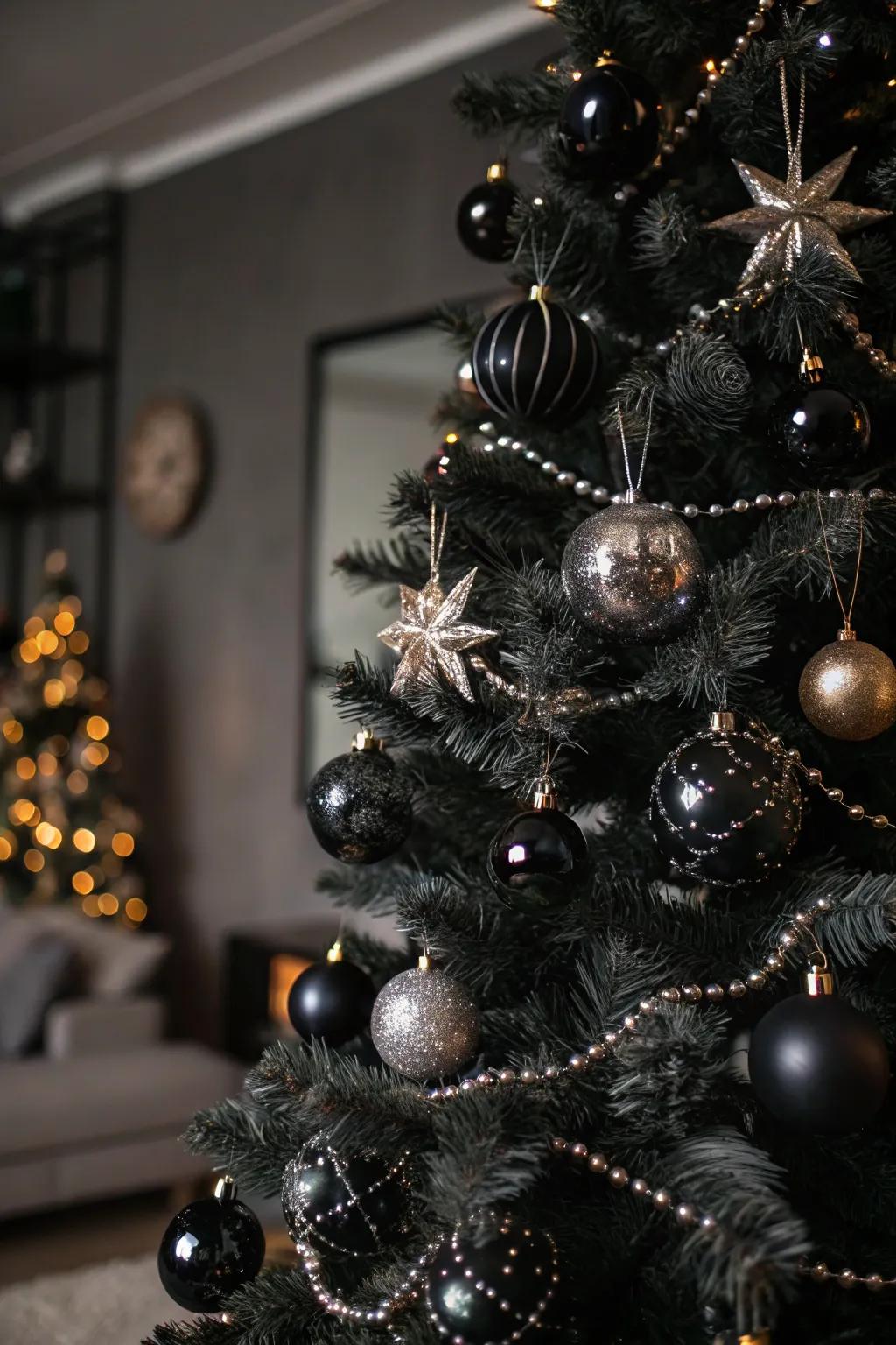 An audacious glam rock-themed Christmas tree exhibiting striking ebony and metallic decorations.