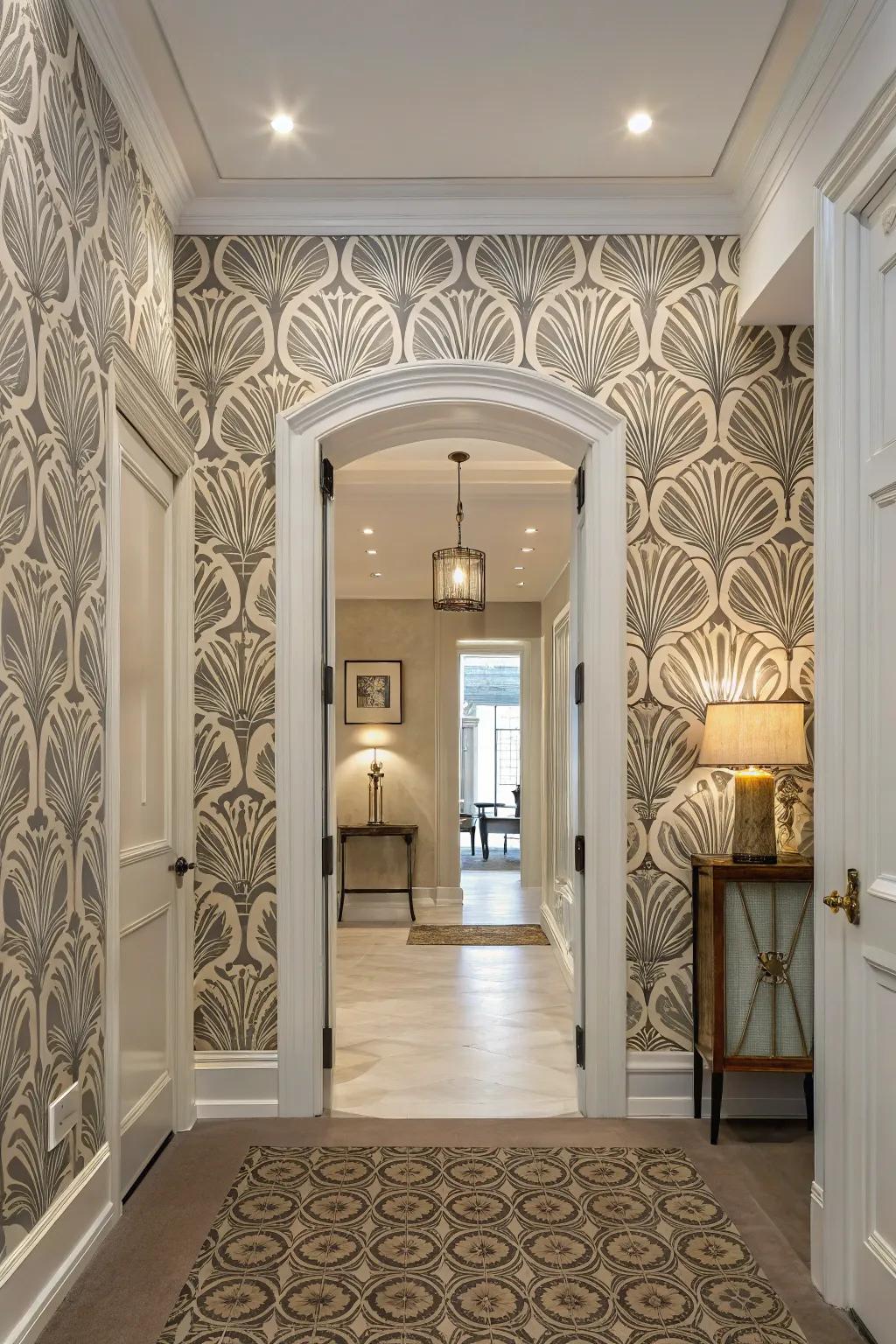 Distinctive wall covering adds visual interest and enhances the entrance.