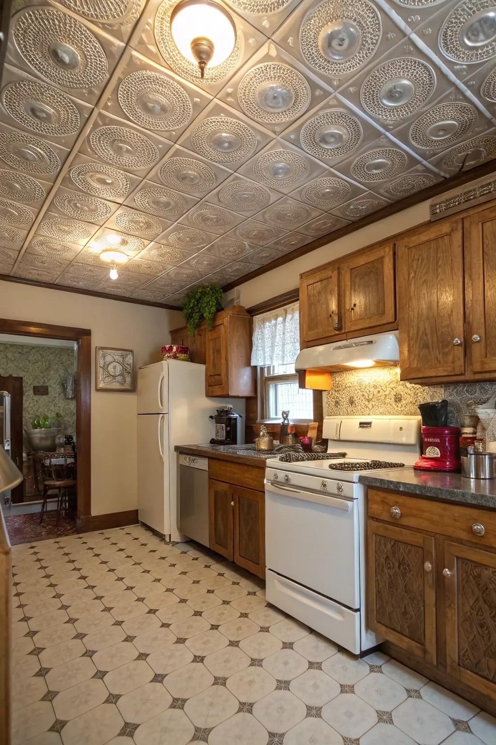 A vintage-style kitchen showcasing decorative tin ceiling tiles.