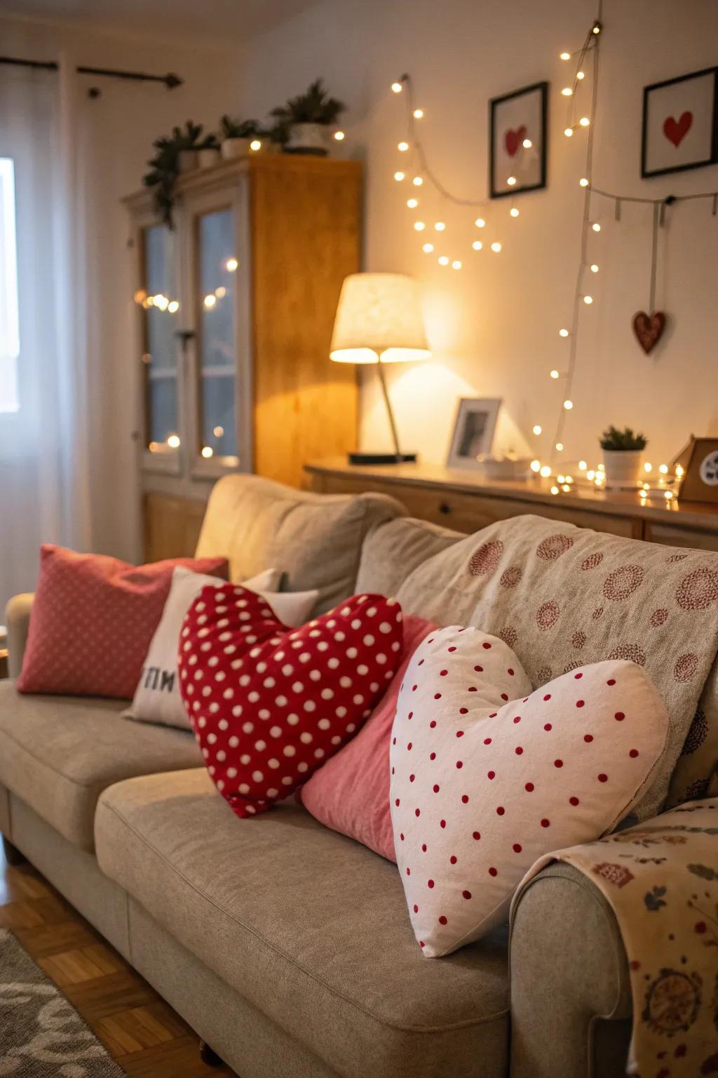 Heart-shaped soft cushions add warmth and design.