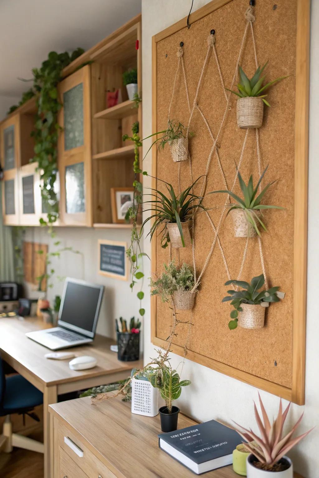 Air plants displayed on a cork board for a creative design.