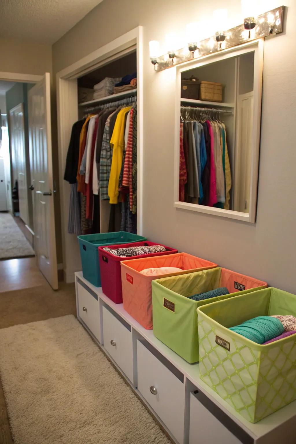 Material bins maintaining organized storage spots.