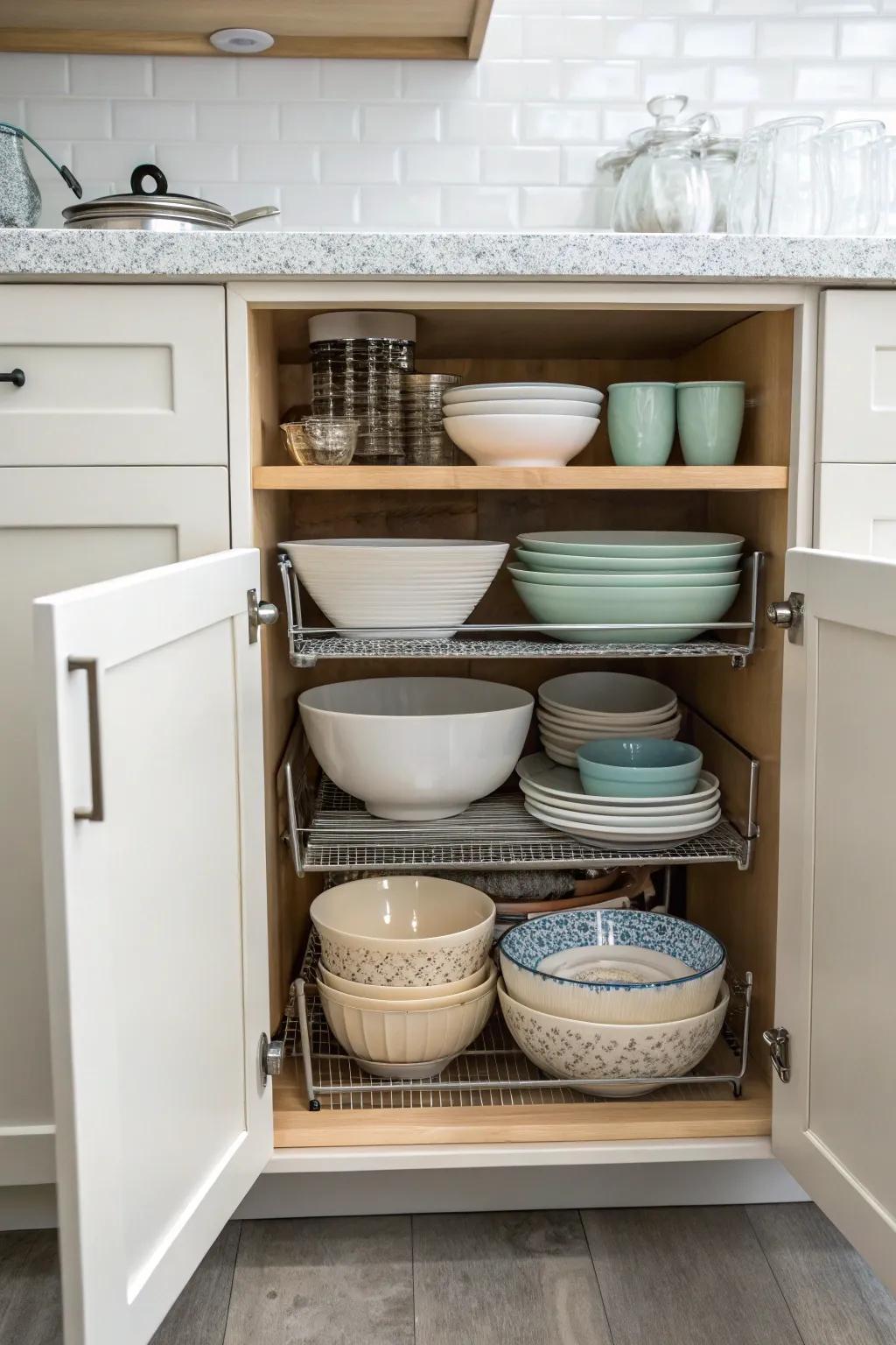 Nesting items improves space efficiency in cabinets.