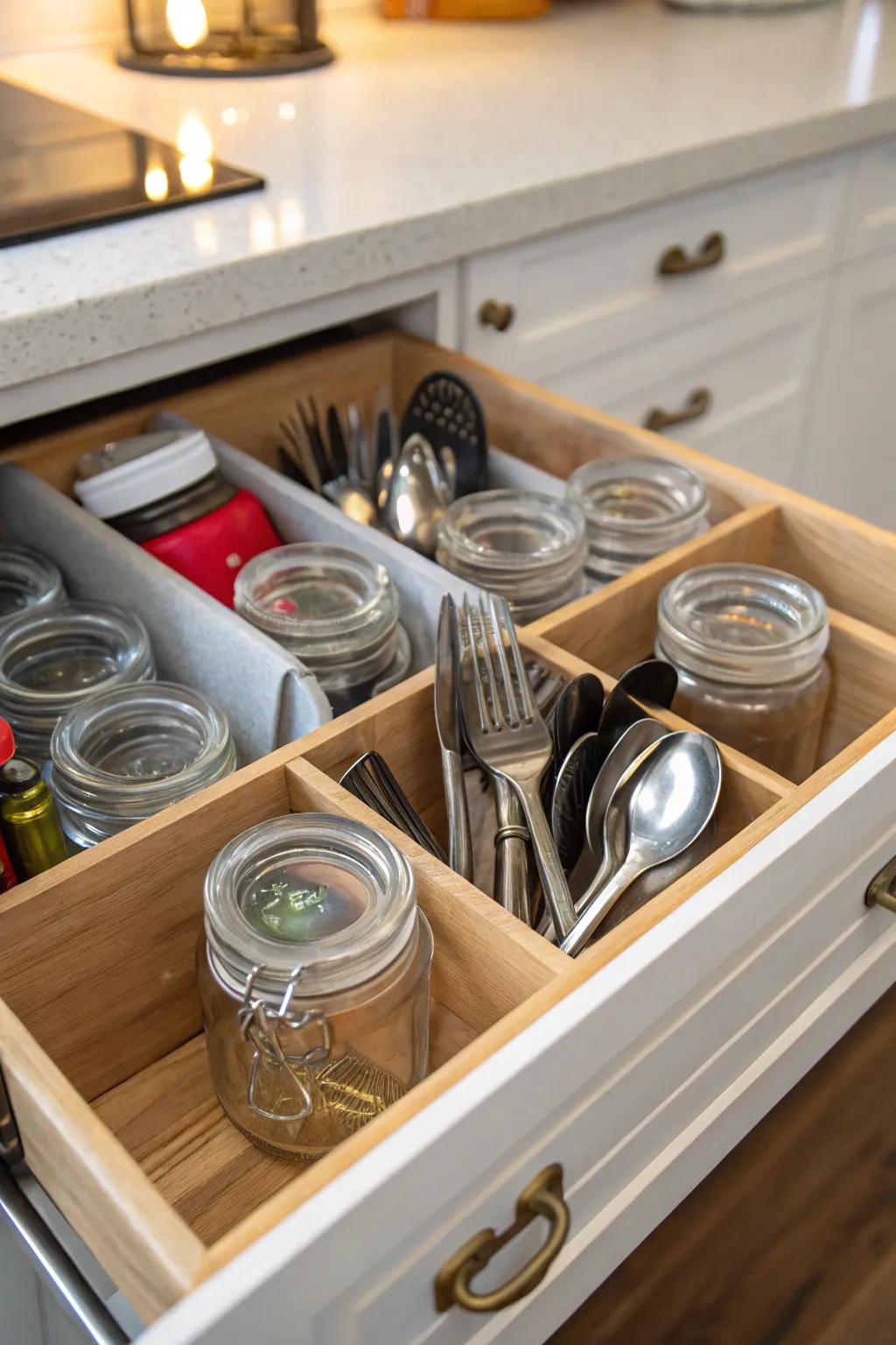 Mason jars innovatively utilized for organizing utensils.